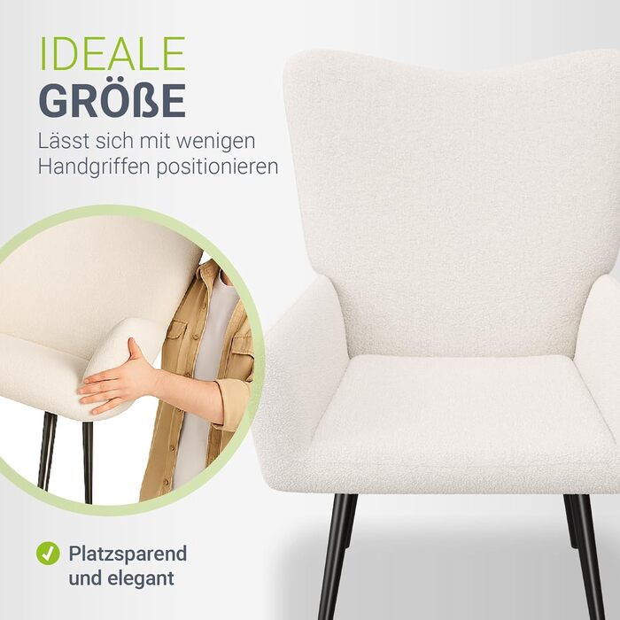 Крісло-підлокото Juskys Odense без пуфа, реклайнер з тканиною букле, скандинавський стиль, висока спинка та оббивка, сталевий каркас бежевий букле - бежевий без пуфа