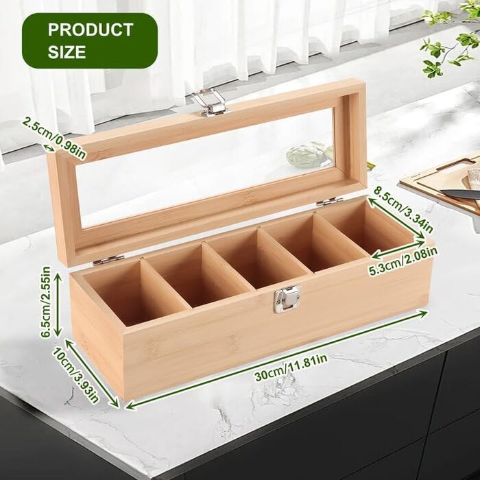 Чайна коробка, чайні коробки для чайних пакетиків, коробка для зберігання чайних пакетиків з 4 регульованими відділеннями та оглядовим віконцем, дерев&39яна чайна коробка, коробки для зберігання чаю з кришкою, 9x30x10 см