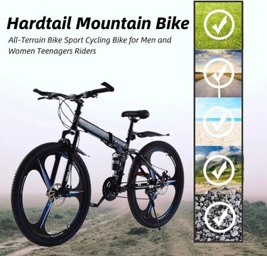 Дюймовий складний гірський велосипед, 21-швидкісна коробка передач Shimano, гірський велосипед з подвійною підвіскою, легка рама, гірський велосипед для чоловіків та жінок, складний спортивний велосипед для дорослих, чорно-синій, 27,5-