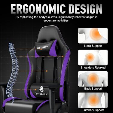 Ігрове крісло Vittanly, ергономічне ігрове крісло з підголівником та поперековою опорою, регульоване по висоті поворотне ігрове/офісне крісло з регульованою спинкою 90-165, вантажопідйомність 150 кг, фіолетове