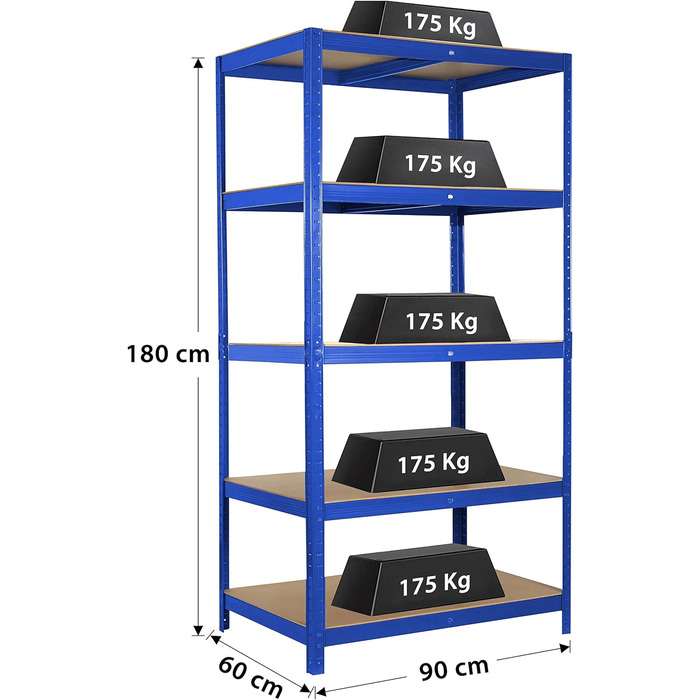Міцний стелаж Ribelli, 180 x 90 x 60 см (В x Ш x Г), вантажопідйомність до 875 кг, 5 регульованих полиць, підвальний стелаж, стелаж для зберігання, стелаж без ригелів, металевий стелаж, синій