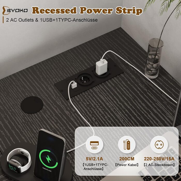 Г-подібний письмовий стіл Devoko з 4 тканинними шухлядами, двосторонній кутовий стіл з 2 розетками та 2 USB-портами, Г-подібний комп&39ютерний стіл для домашнього офісу, чорний, 140x80 см