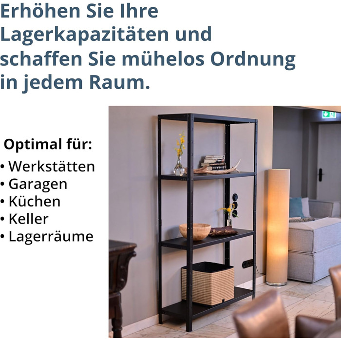 Система полиць SCHULTE з 4 полицями PowerMAX, вантажопідйомність 65 кг, 180x60x40 см (ВxШxГ), чорне текстуроване покриття, полиця для зберігання, полиця для майстерні, полиця для підвалу, полиця для гаража, металева полиця