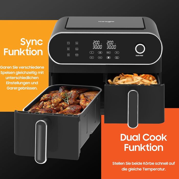 Двокамерна фритюрниця iceagle 11 л - XXL фритюрниця з 2 відділеннями Двозонна фритюрниця, 6 функцій приготування, сенсорний екран, книга рецептів, здорові страви для великої родини Подвійний кошик 11 л