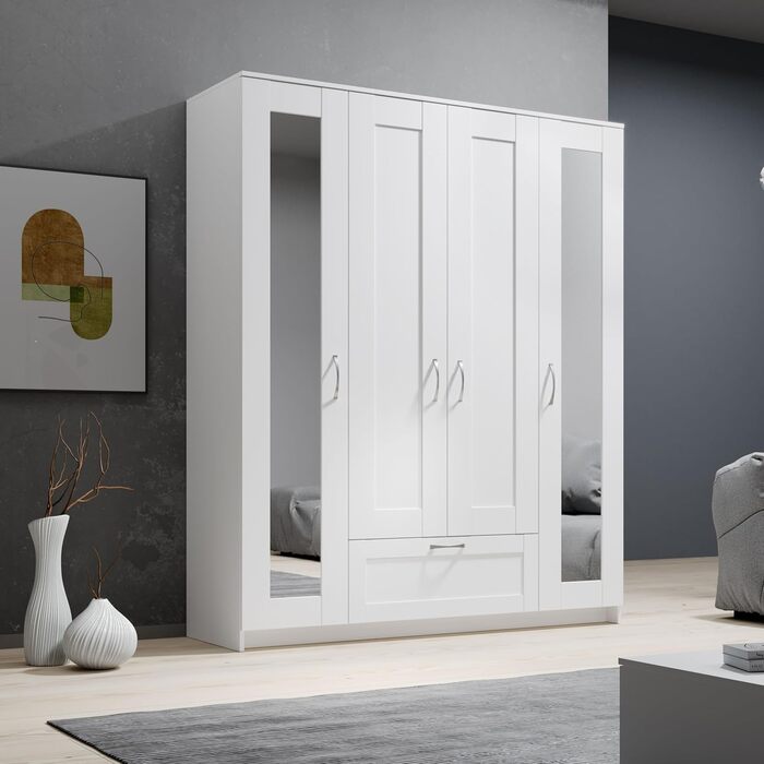 Шафа з дзеркальними дверима білого кольору - Універсальна 4-дверна шафа для вашої спальні - 156 x 191 x 50 см (Ш/В/Г)