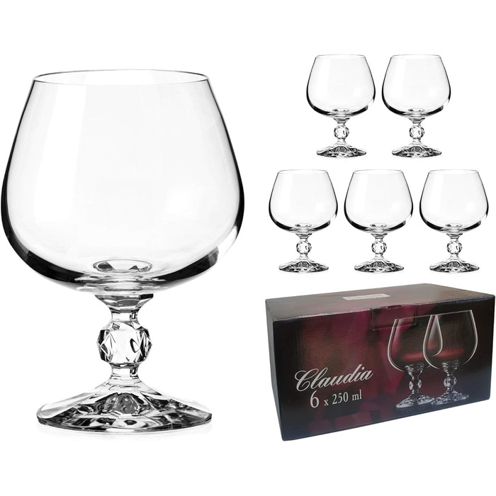 Кришталеві чарки для коньяку або бренді Claudia, вінтажний стиль, куляста ніжка, безсвинцевий кришталь, 6 шт.