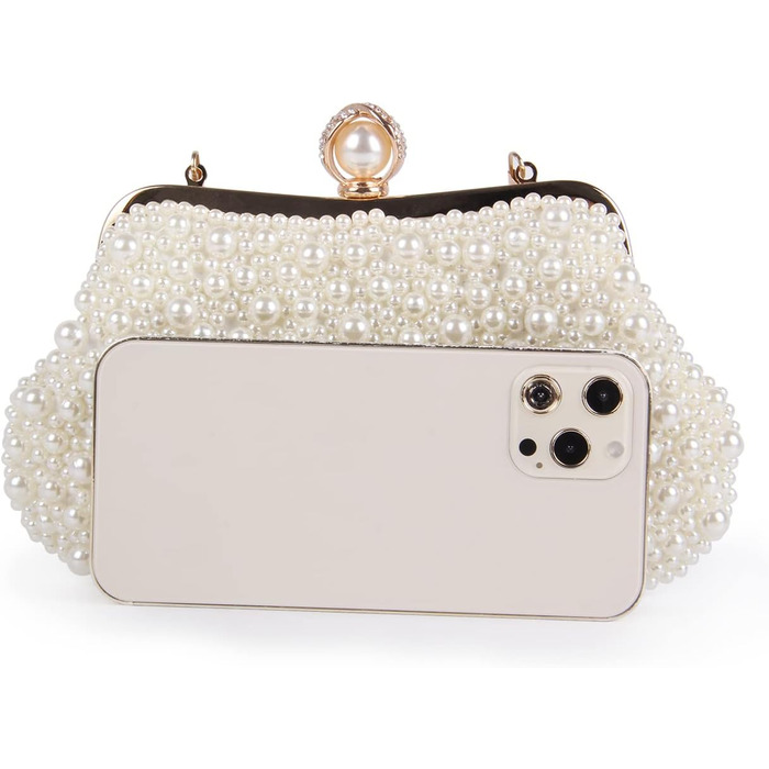 Жіноча перлова клатч-сумка для вечірок, весілля. Вечірня сумочка з кристалами та перловим ланцюжком, бежевий колір.