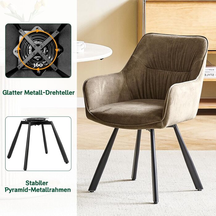 Комплект стільців для їдальні з 4 шт. , обертові крісла, поворот на 360, сучасне м&39яке крісло з оксамиту, стільці для їдальні, кухонне крісло, вітальня, кабінет, спальня, коричневий, 4 обертових крісла