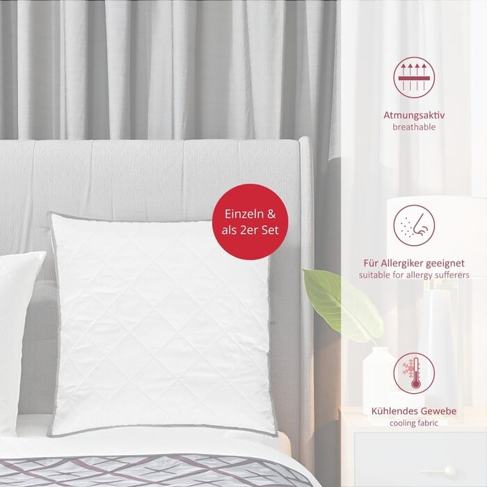 Улюблена 194583 Подушка Стьобана подушка Дихаюча верхня частина з прохолодної тканини Регульована висота Мікрофібра Зроблено в ЄС Стандарт Oeko-Tex 100 Можна прати при 60 градусах 80 x 80 см, біла, (1 упаковка) 1