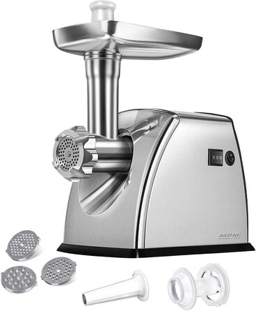 Електрична м'ясорубка MPM MMM-07M, професійна, 1800 Вт, нержавіюча сталь, 3 диски (3мм, 5мм, 7мм), функція реверсу, насадки для ковбас та лезо з нержавіючої сталі