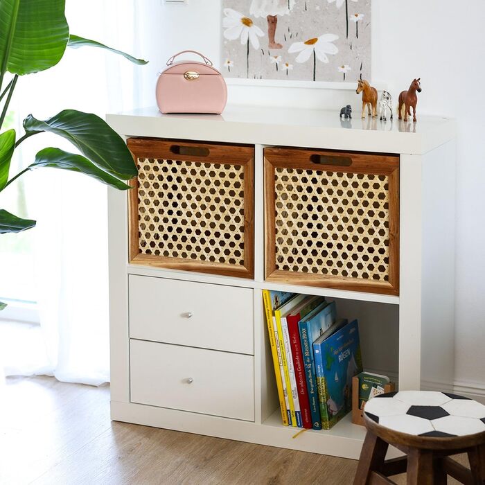 Кошик для зберігання HMF, що підходить для полиць Kallax, кошик з ротанга з віденським плетеним лозом та деревиною акації Візерунок 2 32 x 34 x 32 см