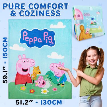Дитяча ковдра Get Trend Peppa Pig 130x150 см, пухнаста флісова ковдра з мотивом, м&39яка ковдра для дивана та ліжка, подарунок для дівчаток та хлопчиків (різнокольоровий колір Peppa Pig)