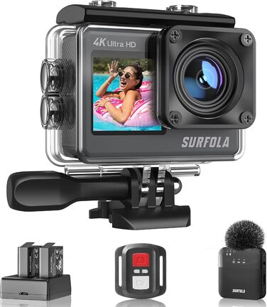 Підводна камера Surfola Action Cam 4K 60FPS, Wi-Fi, водонепроникна камера 40M, регульований ширококутний кут 170, шоломна камера EIS, відеокамера з двома екранами з бездротовим мікрофоном і 2 акумуляторами