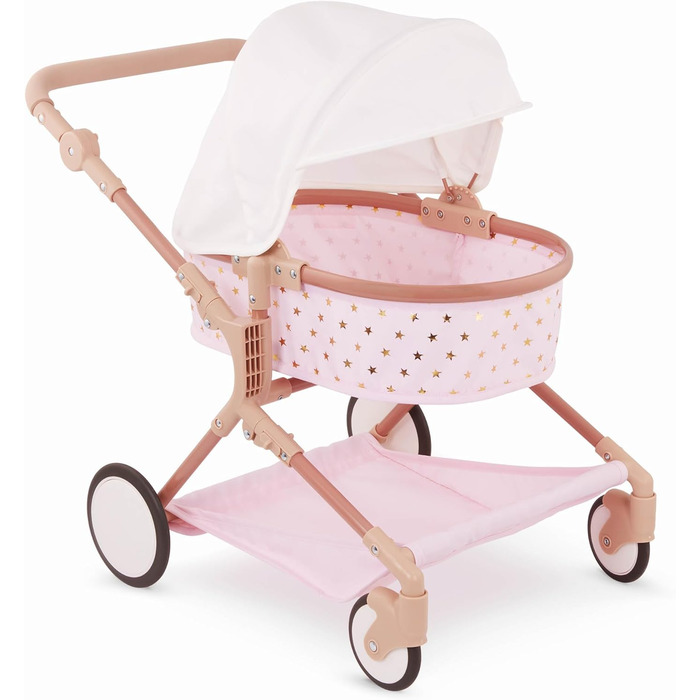 Коляска для ляльок-близнюків для ляльок 36 см - Коляска для ляльок зі складним дахом - рожева із золотими зірками - Аксесуари для