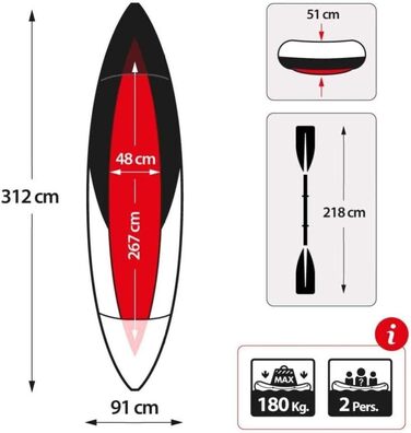 Надувний каяк N/Z для 2 осіб, каное з веслом, насос, надувний човен-каяк з ПВХ для водних видів спорту, риболовлі або ігор на озерах та річках - вантажопідйомність 400 кг, розмір 45,7 x 254 x 61 см (см)