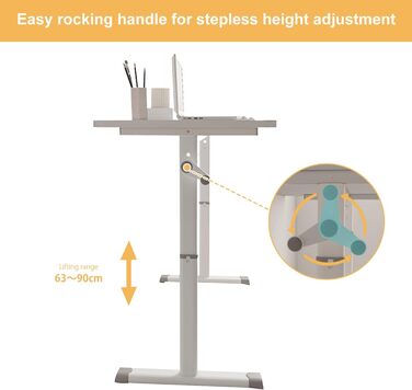 Стіл з регульованою висотою, стіл з ручним регулюванням висоти для роботи сидячи та стоячи, міцний комп&39ютерний стіл для домашнього офісу та навчання, білий, 80x45*63-90 см