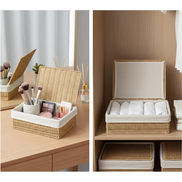 Набір із 3 кошиків для зберігання з кришками плетені кошики з паперової мотузки з металевим каркасом та підкладкою, 3 розміри, місце для зберігання речей у стилі бохо для ванної кімнати, пеленальний столик, органайзер та декор