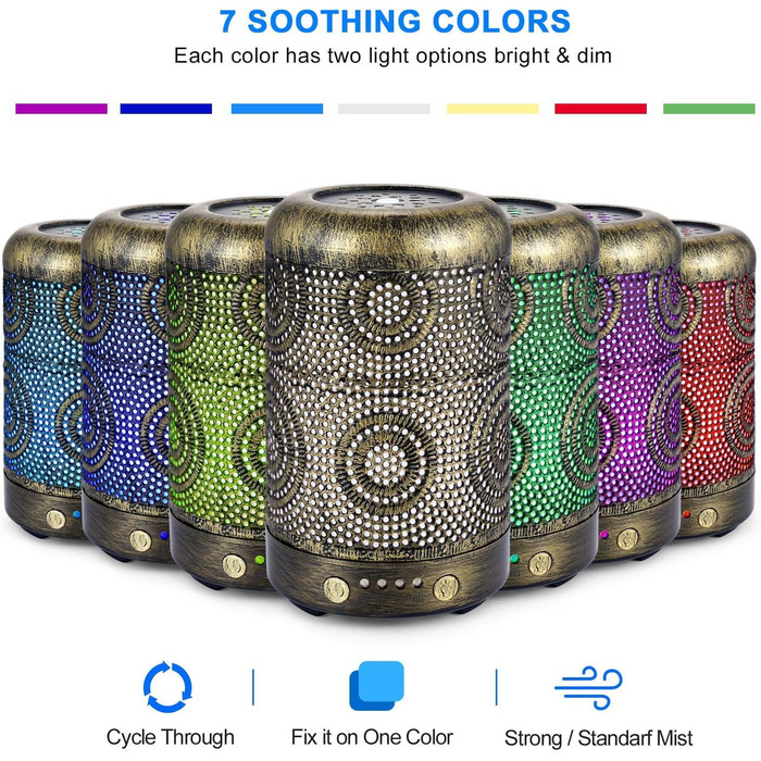 Зволожувач повітря зволожувач аромадифузор, металевий дифузор ручної роботи для ефірних масел, автоматичне вимкнення, 7 кольорів,