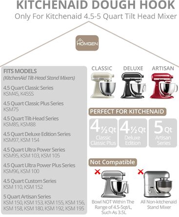 Гачок для тіста HOMGEN для посудомийної машини з нержавіючої сталі Kitchenaid 4.5/5QT Безпечний для кухонного міксера KSM150 K45 K45SS KSM75 KSM175 Заміна