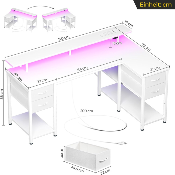 Г-подібний комп&39ютерний стіл на сім столів з 4 шухлядами та полицями, ігровий стіл зі світлодіодним освітленням та розетками, ігровий стіл з підставкою для монітора для домашнього офісу, спальні, вітальні (білий, 120 см) Білий 120 см