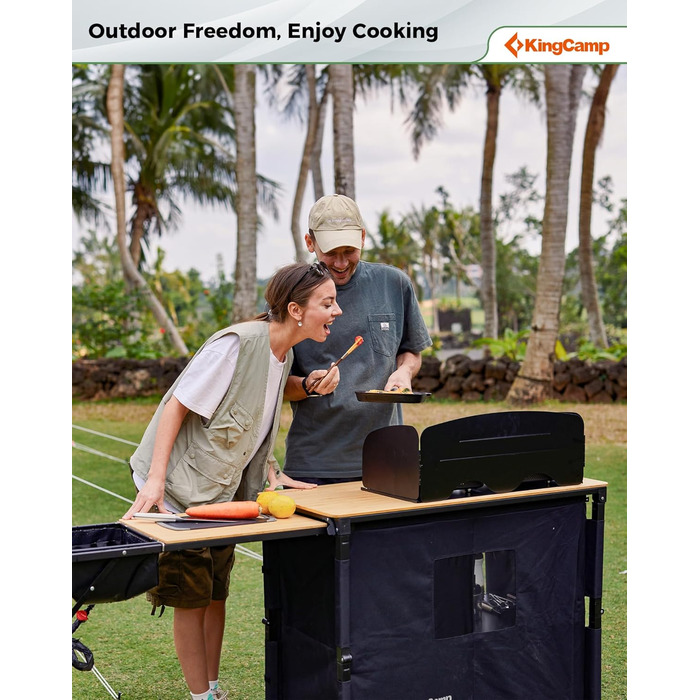 Складана кемпінгова кухня KingCamp з раковиною, бамбукова кемпінгова шафа, складна вулична кухня з місцем для зберігання, вітровим склом та тримачем для лампи, міцна алюмінієва рама, дорожня кухня, кемпінгові меблі для пікніків-барбекю, кемпінгова шафа з 