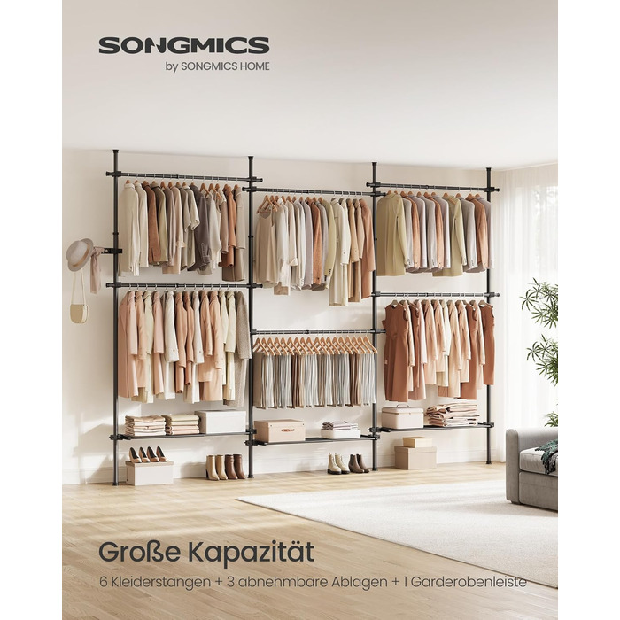 Телескопічна вішалка для одягу SONGMICS, 3-рівнева шафа, регульована по висоті та ширині, відкрита шафа з 6 шт. ангами для одягу та 3 знімними полицями, поручень, матово-чорний HSR155B01 3 ряди (240 Вт-353 Вт) см матово-чорний