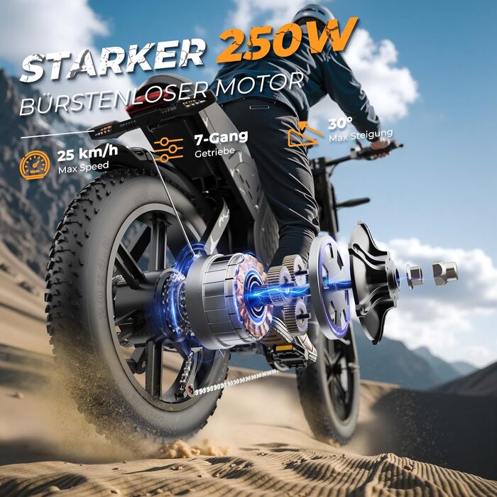 Електровелосипед VARUN, чоловічий електровелосипед 20 x 4,0 дюймів з акумулятором 48 В 31,5 Аг / 20,8 Аг, запас ходу до 160-180 км, двигун 250 Вт 85 Нм, фетбайк з повною підвіскою, поворотниками, 7-швидкісний всюдихідний електровелосипед з білим акумулято