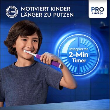 Електрична зубна щітка Oral-B Pro Junior для дітей від 6 років, датчик тиску, 3 режими чищення в т.ч. чутливий для догляду за зубами, м'яка щетина та таймер, дизайн Braun, фіолетовий фіолетовий