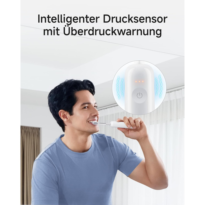 Звукова зубна щітка з 6 режимами чищення та акумулятором на 70 днів, 60 осциляції, контроль тиску, 2 інтелектуальні насадки (ABS Білий)