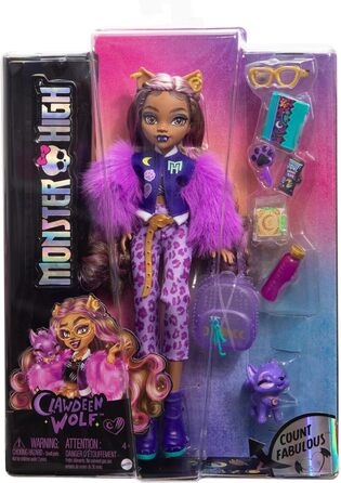Лялька Monster High Клодін Вульф з собакою Кресентом та аксесуарами, такими як рюкзак, календар, снеки тощо, роздрібна ціна 65 HRP