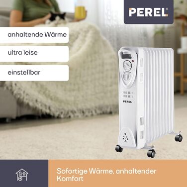 Масляний радіатор Perel потужністю 2500 Вт з 11 ребрами, 3 режимами нагріву, регульованим термостатом, ручкою, колесами, захистом від перегріву та перекидання, тихий та енергоефективний радіатор для великих приміщень площею до 30 м, 2500 Вт (стандарт)