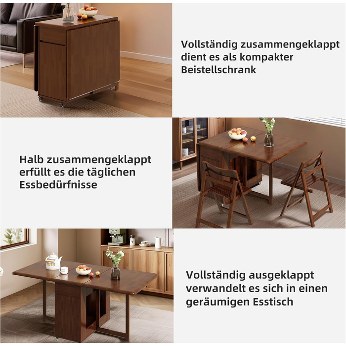 Розкладний стіл, компактний, багатофункціональний кухонний/обідній стіл, розсувний з масиву дерева та колесами, що обертаються на 360, для 2-8 осіб у невеликих квартирах. Розкладний обідній стіл, горіх (150 см).