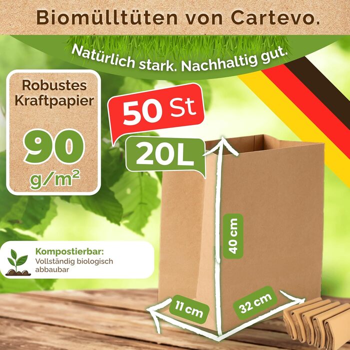 Преміальні пакети для органічних відходів об&39ємом 20 л - 50 упаковок надзвичайно стійких до розривів та вологи паперових пакетів для кухні, контейнерів для органічних відходів та контейнерів для органічних відходів Паперові пакети без пластику, екологіч