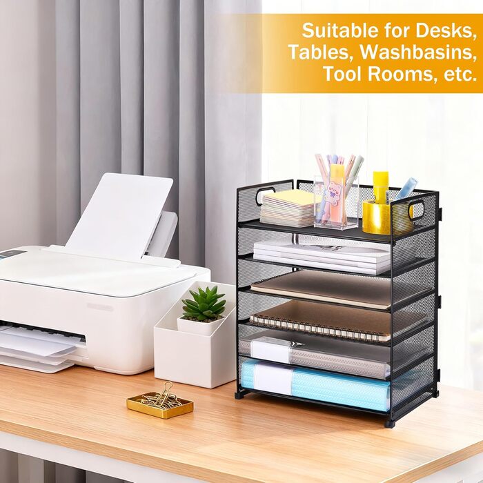 Металевий настільний органайзер, 6 відділень для листів та документів (A4), чорний, металевий настільний органайзер з ручкою, органайзер для шухляд 32x23x40 см, офісне приладдя для паперу A4, книг, журналів