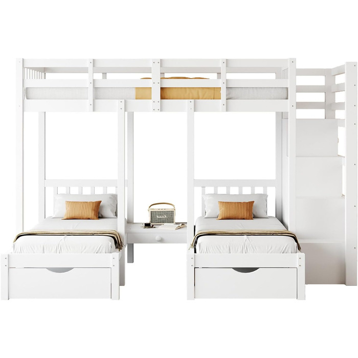 Двоярусне ліжко Billg 200x90 см для 3 дітей, дитяче ліжко із захистом від падіння, ліжко-горище з висувними ящиками, тумбочками і