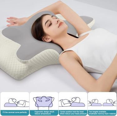 Подушка для шиї OSDUE, подушка з піни з ефектом пам&39яті, ергономічна подушка, подушка для сну на боці, спині та животі (сіра) світло-сіра