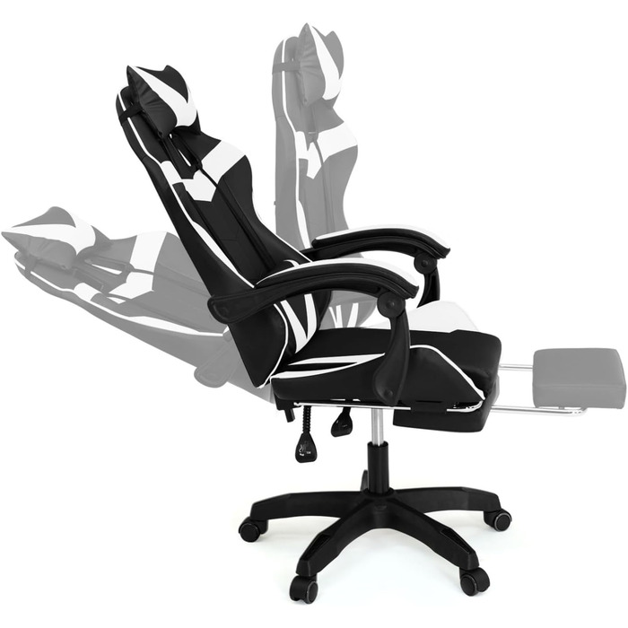 Регульоване ігрове крісло Alex з підніжкою, подушками для голови та попереку, чорно-біле