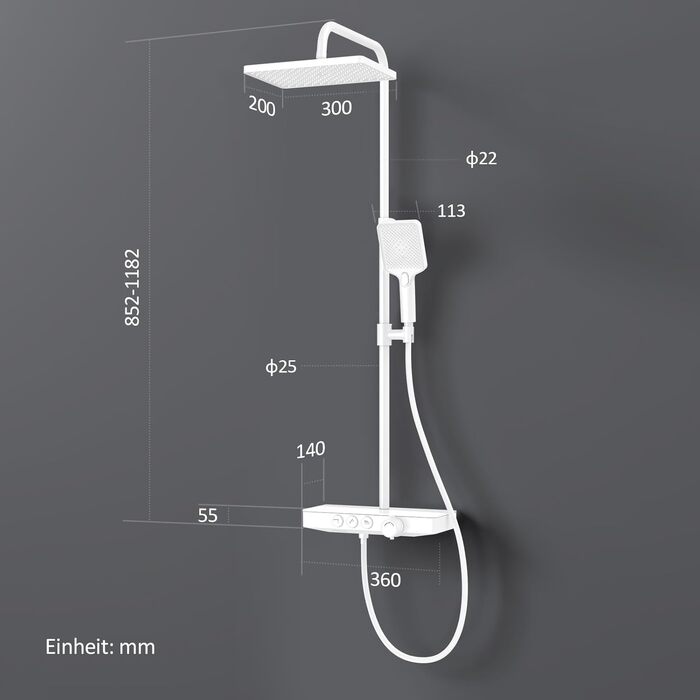 Душова система EMKE з термостатом Сертифікація KTW душовий набір, набір душової колонки з термостатичною пластиною 45 см, ручний душ 3 типи струменя, тропічний душ з арматурою, білий матовий