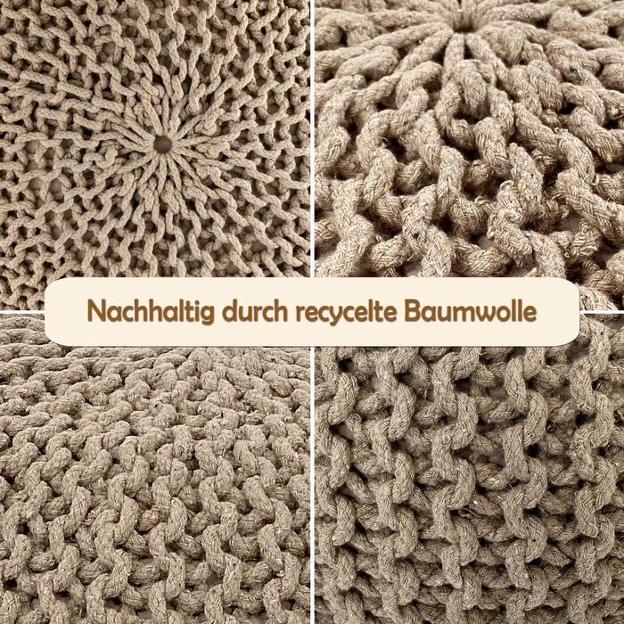 В&39язаний пуф Ø45 або 55 см, подушка на підлогу, бавовна XXL, екологічно чистий, розмір Ø 45 см, колір бежевий.