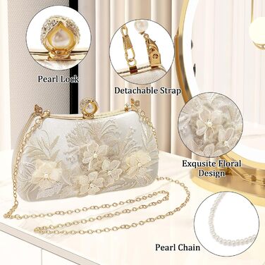 Жіноча сумочка з перлами та квітковою мереживною вишивкою, сатин, елегантна ручна сумочка з верхньою ручкою, зі знімним ланцюжком, для весілля, дівич-вечора, випускного, білого кольору