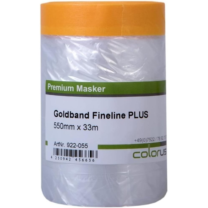 Малярська стрічка Colorus 6 x з захисною плівкою PLUS Goldband Fineline 55 см x 33 м Стійка до ультрафіолету 60 днів, для використання всередині та зовні приміщень Самоклеюча малярська плівка Малярська стрічка з захисною плівкою 6 x 55 см x 3300 см