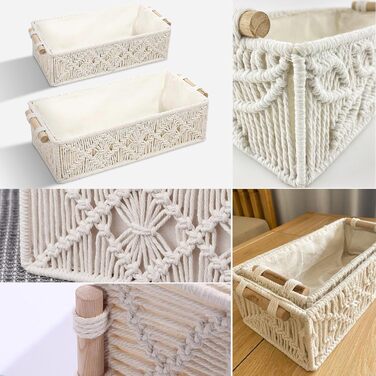 Набір із 2 плетених кошиків для зберігання макраме, декоративні коробки, бохо-декор, ручна робота з макраме з бавовняної мотузки з ручками для декору, подарунковий кошик, кошик для хліба, кошик для зберігання закусок (білий)