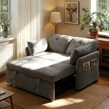 Диван-ліжко 3-в-1 з 5-позиційною регульованою спинкою, розкладний диван з 2 подушками та 2 боковими кишенями, сірий лляний 2-місний диван для гостьових кімнат та невеликих приміщень 167 x 137 см сірого кольору