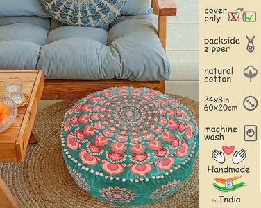 Бірюзовий круглий пуф-пуф з оксамитовою вишивкою Мяка вишита підлогова подушка з марокканським візерунком, діаметром 60 см, ідеально підходить для вітальні, спальні або кімнати для медитації. Бірюзовий колір 59Г x 59Ш x 20В см