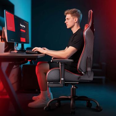 Ергономічне ігрове та офісне крісло seenda GCPro-10, безступеневе регулювання 145 з підставкою для ніг, суцільнометалевий каркас до 150 кг, 2D підлокітники, подушка для голови та попереку, чорно-сірий (чорний червоний)