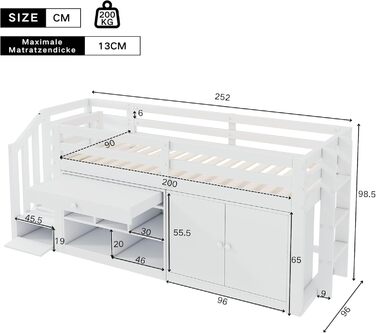 Дитяче ліжко 90x200, ліжко-горище з письмовим столом, шафою для зберігання та сходами для зберігання, дерев&39яне ліжко із захистом від падіння та рейковою основою, односпальне ліжко, дитяче ліжко, функціональне ліжко, ліжко з місцем для зберігання, карка