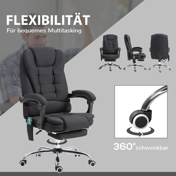 Офісне крісло Vinsetto з функцією масажу, ергономічне робоче крісло з функцією відкидання та підігріву, підставка для ніг, комп&39ютерне крісло з регульованою висотою, бічною кишенею та пультом дистанційного керування, чорна тканина з ефектом оксамиту та 