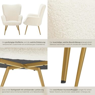 Крісло tectake у скандинавському стилі з крильцями, крісло Teddy Hygge, вельветове крісло для вітальні, спальні, їдальні, вишукане крісло-гостина, вантажопідйомність до 150 кг - букле кремовий/золотий без пуфа букле кремовий/золотий