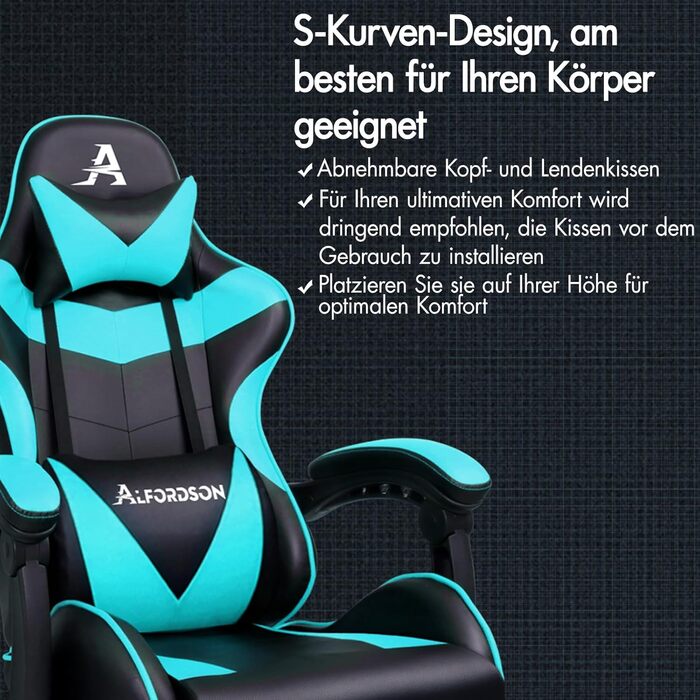 Ігрове масажне крісло ALFORDSON, нахил 150, ергономічне крісло керівника, шкіра синтетична з підставкою для ніг, регулювання висоти, спортивне крісло, вантажопідйомність 180 кг, блакитний Vogler - серія Cyan Vogler