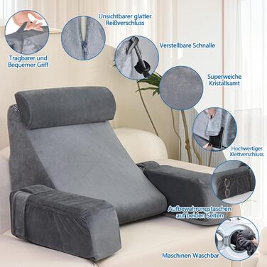 Подушка для спини, подушка для читання для ліжка та дивана зі знімними підлокітниками та підголівником, підтримка спини для дорослих, клиноподібна подушка з чохлом, який можна прати, подушка для спини для читання/гри/перегляду телевізора, сіра